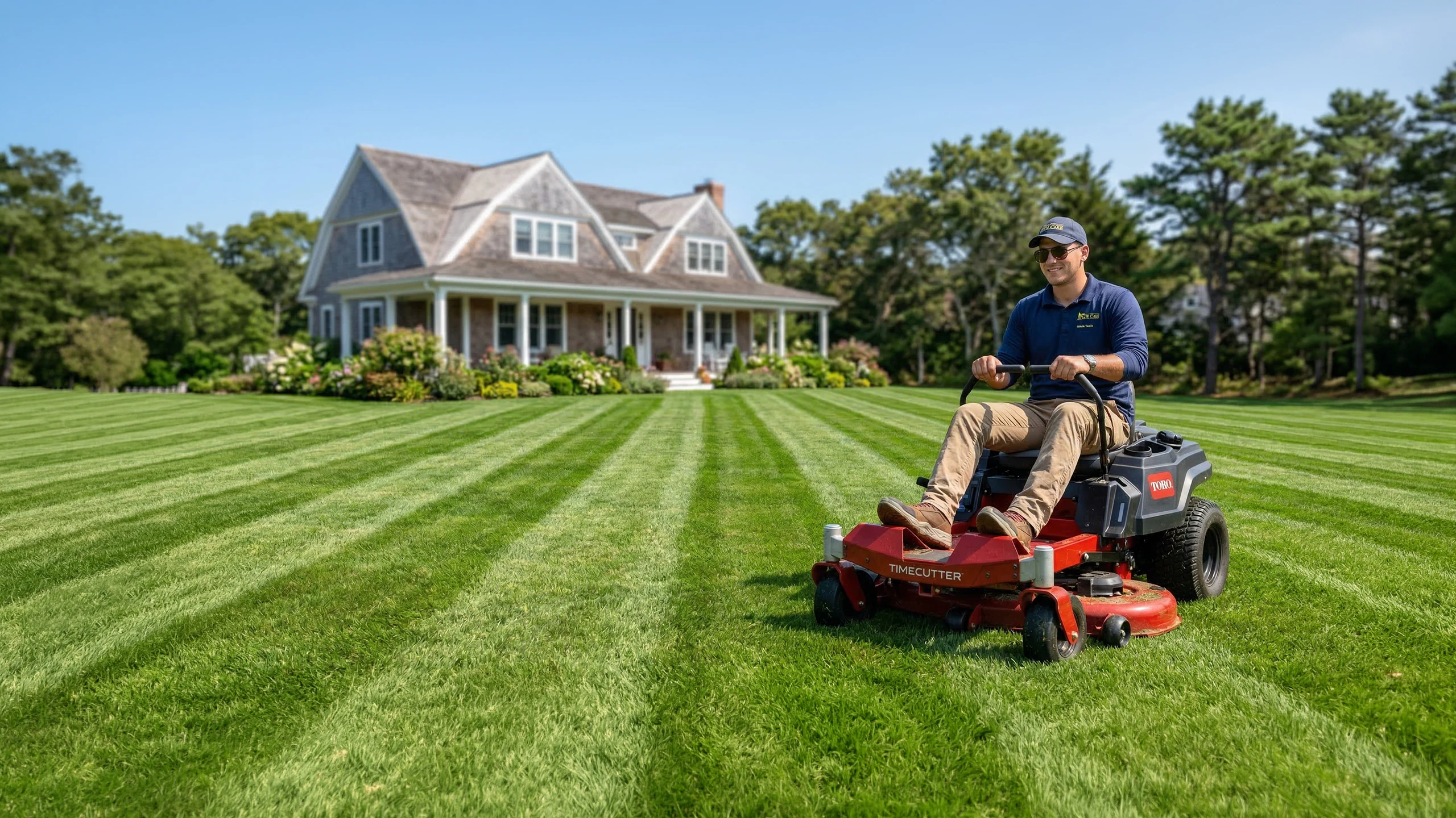 Professional lawn care team maintaining a pristine estate lawn on Martha's Vineyard