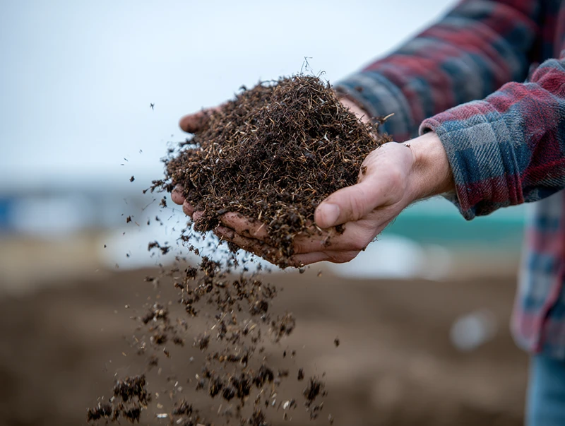 Man holding organic soil fertilizer in his hands