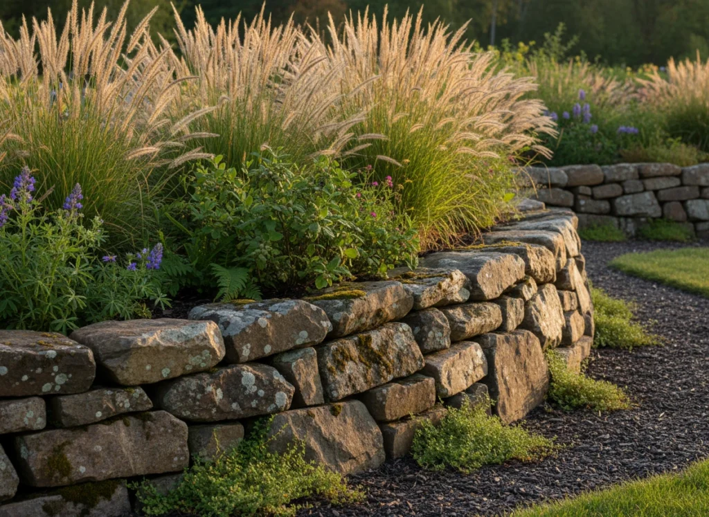Close-up of a rustic fieldstone wall integrated into a lush garden bed filled with ornamental grasses and native island shrubs.
