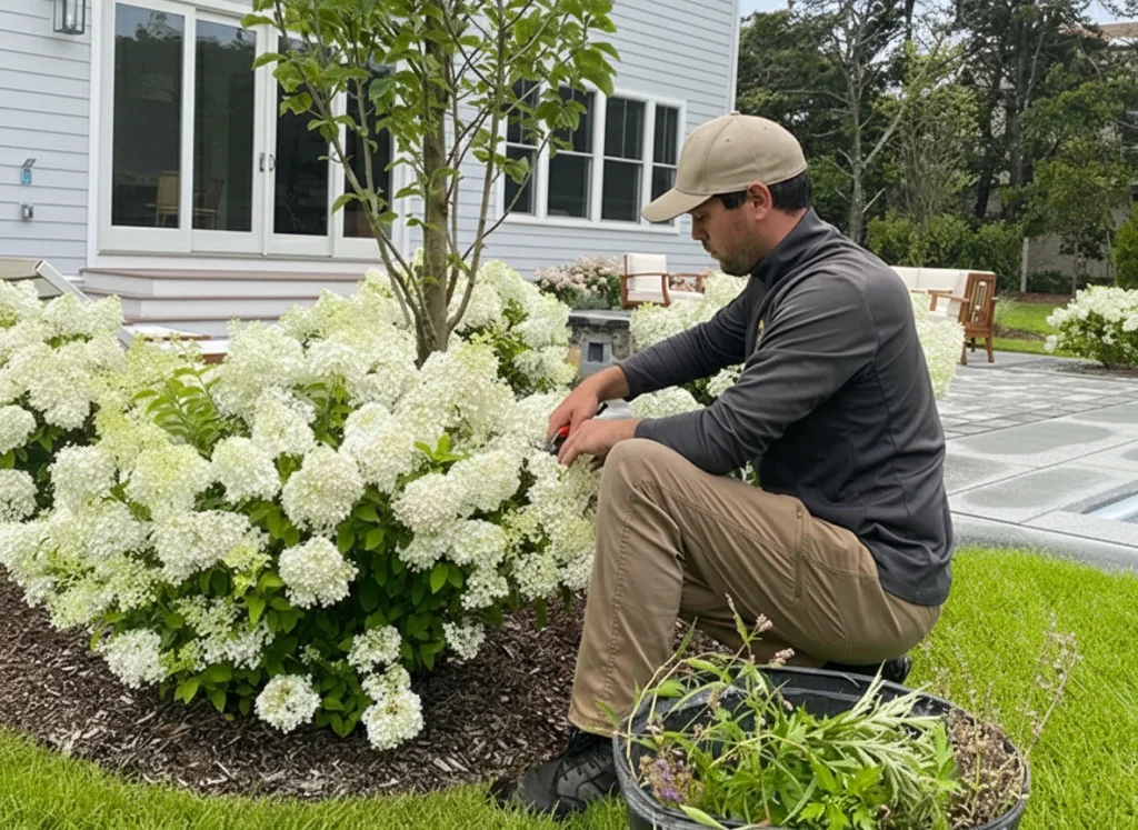 A professional male gardener carefully pruning a large hydrangea bush in a vibrant, sun-drenched Martha's Vineyard backyard.