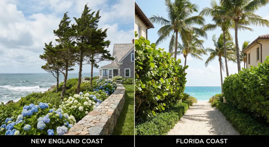 A split-screen photo comparison. Left side: A coastal New England garden featuring Eastern Red Cedar and hydrangeas. Right side: A Florida coastal garden featuring Seagrape hedges and coconut palms.