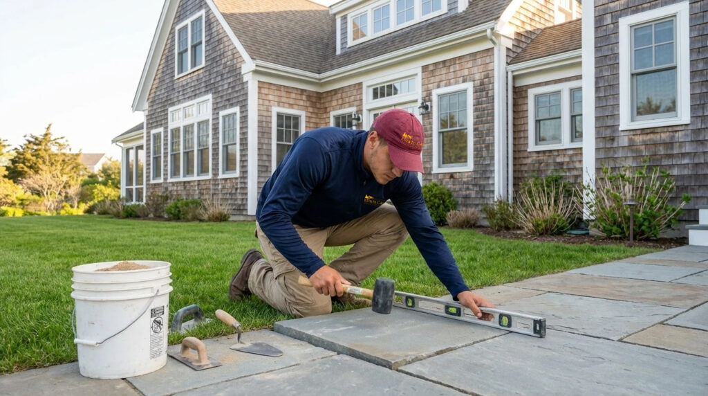 estate care masonry specialist carefully resetting a lifted bluestone patio paver on a Martha's Vineyard coastal property
