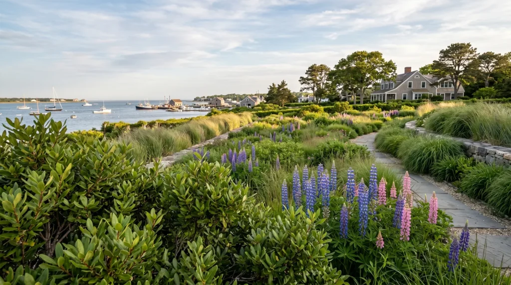wide-angle view of a classic Martha's Vineyard coastal estate garden in mid-spring