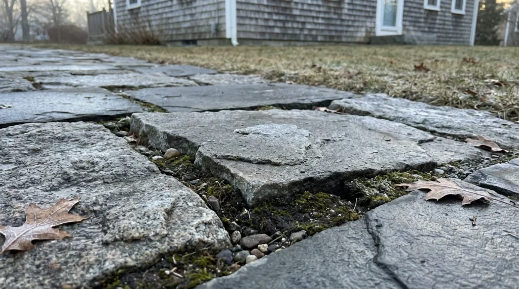 Martha's Vineyard stone flagstone walkway in early April showing subtle frost heave displacement