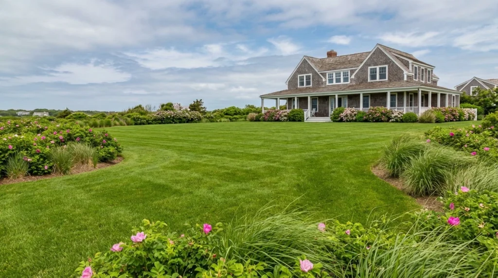 perfectly maintained Martha's Vineyard estate lawn in peak spring condition