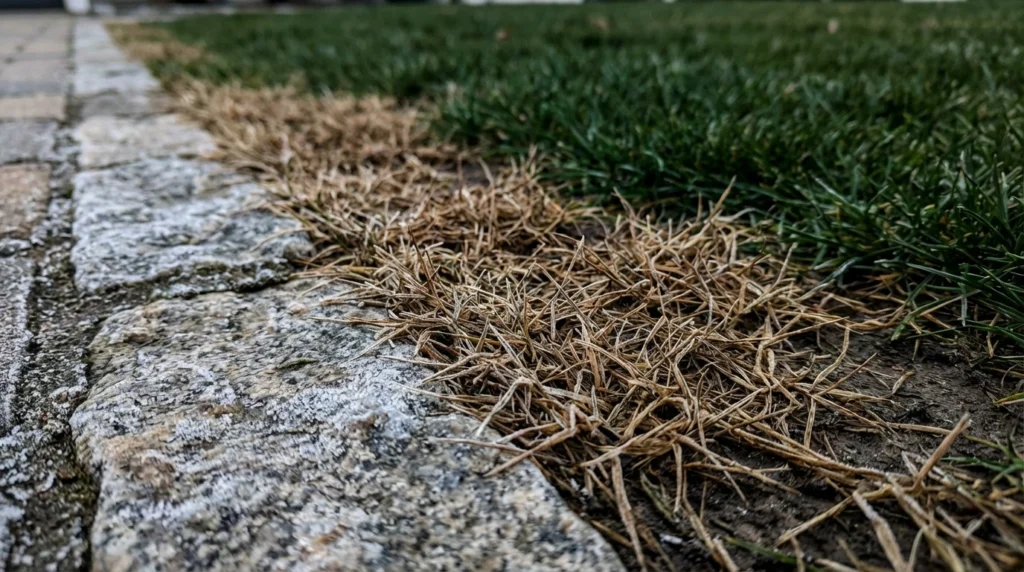 close-up ground-level view of a salt-damaged lawn strip running along a stone driveway edge in Oak Bluffs