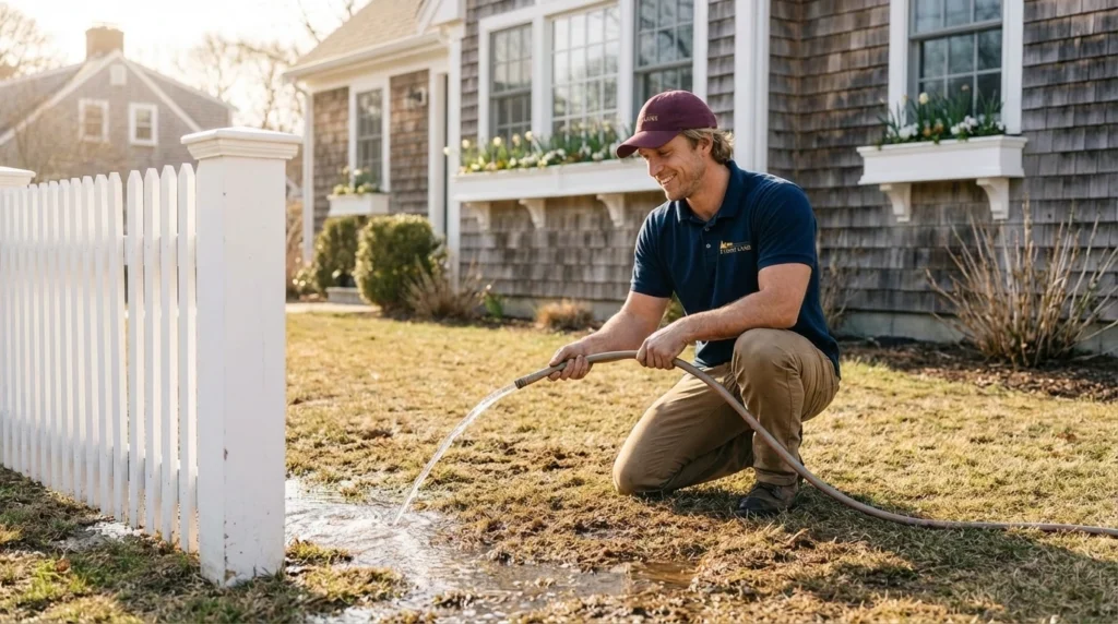 estate care specialist kneeling beside a garden hose flushing a salt-damaged lawn section near a white painted picket fence on a Martha's Vineyard property