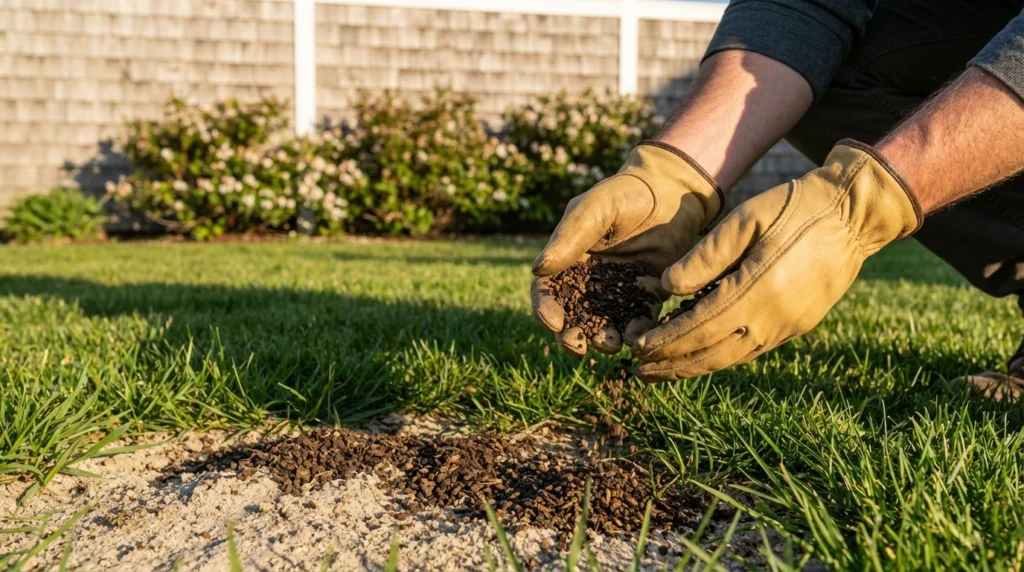 gardener in clean work gloves carefully hand-spreading organic granular fertilizer across a coastal lawn, sandy light-colored soil visible at the grass base