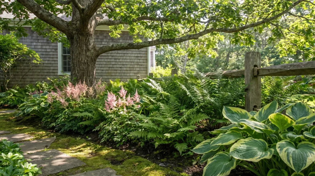 shaded garden corner on a Martha's Vineyard estate property, native ferns and astilbe in soft pink bloom creating a layered understory planting beneath a mature oak tree