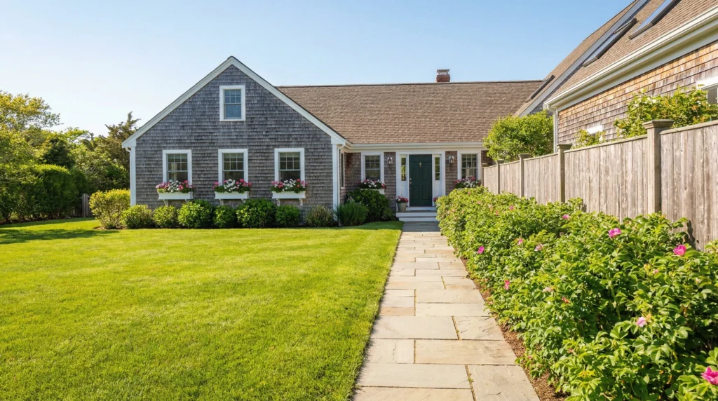 beautifully prepared Martha's Vineyard vacation rental exterior in spring, deeply green and well-maintained lawn, stone path to front door clean and level, beach rose hedge in early bloom along the property boundary, traditional cedar-shingled home with freshly painted white trim and flowering window boxes