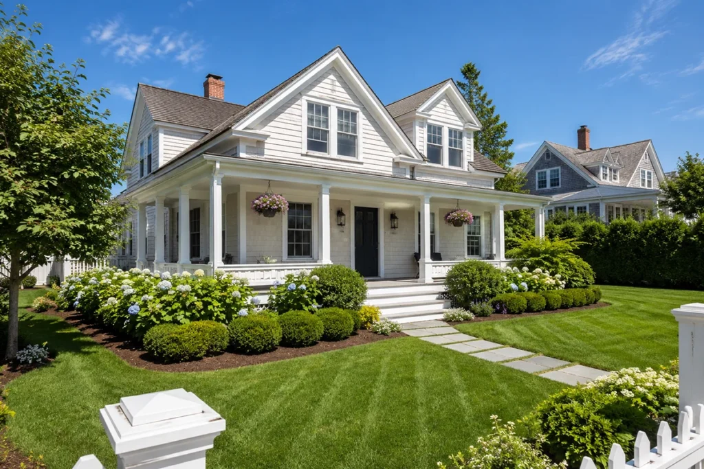 Edgartown vacation rental property with manicured lawn and entry path ready for summer guests