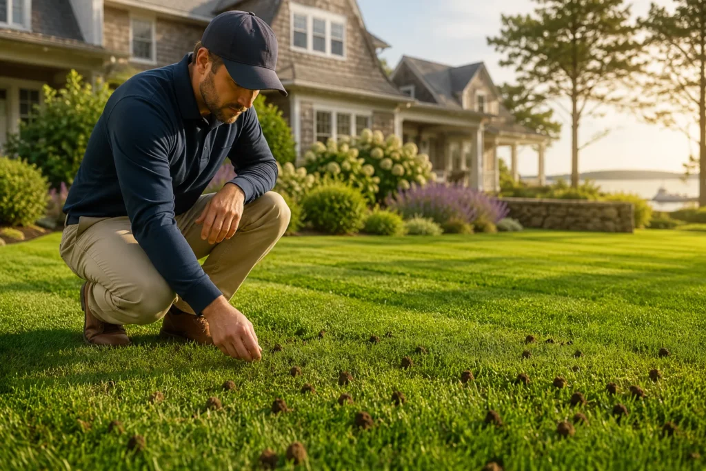 Estate Care technician inspecting healthy green lawn aeration results on Martha's Vineyard property