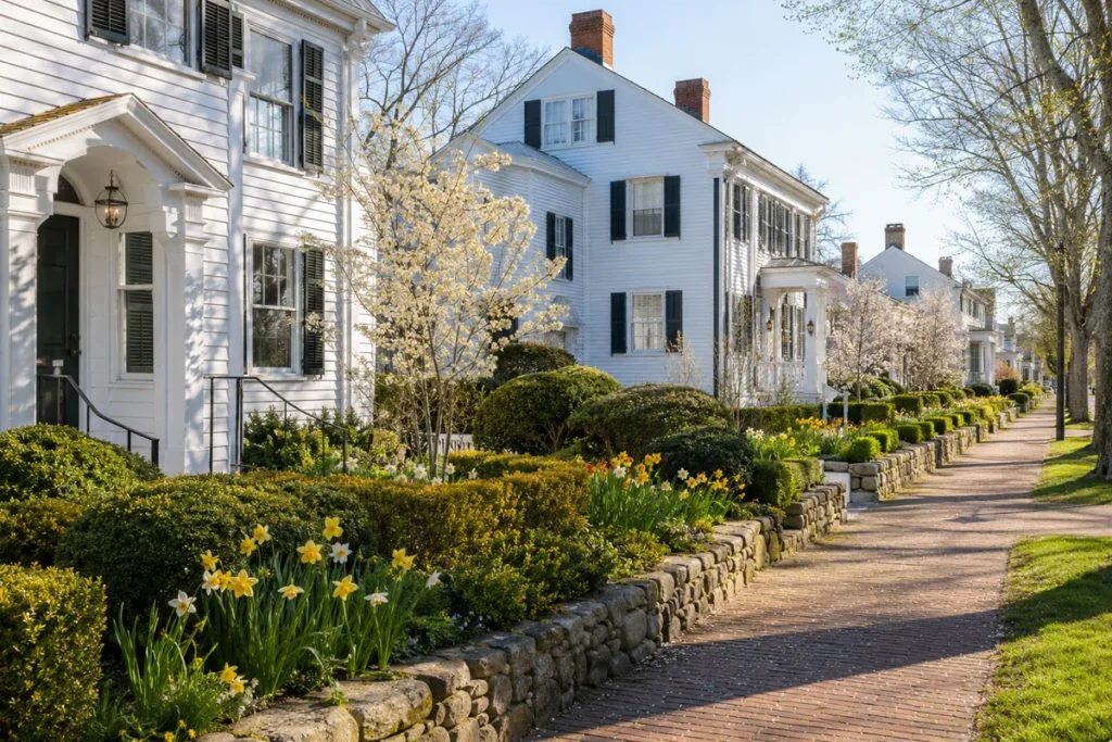 North Water Street Edgartown historic district in spring with formal gardens and stone walls