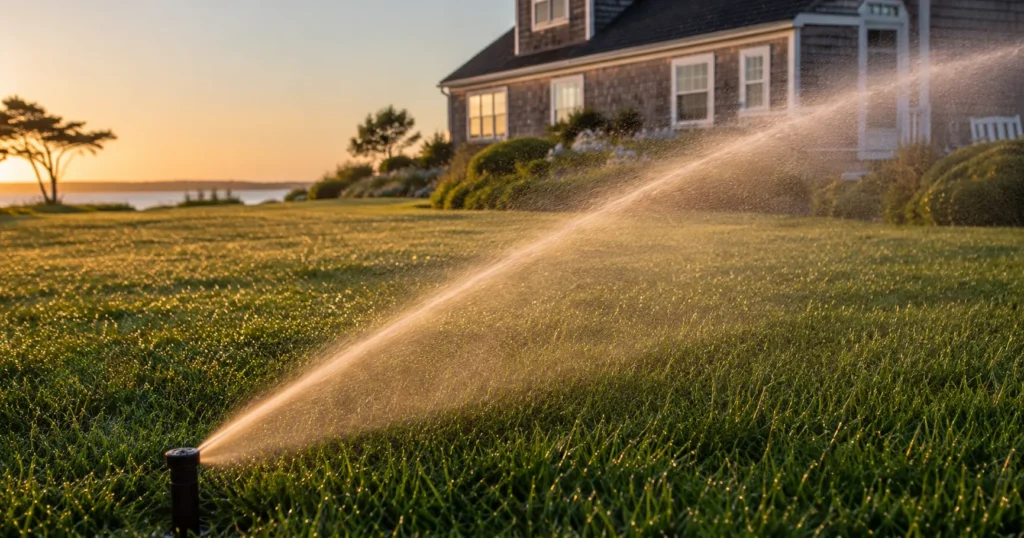 Smart irrigation sprinkler running on a lush coastal Martha's Vineyard lawn at dawn