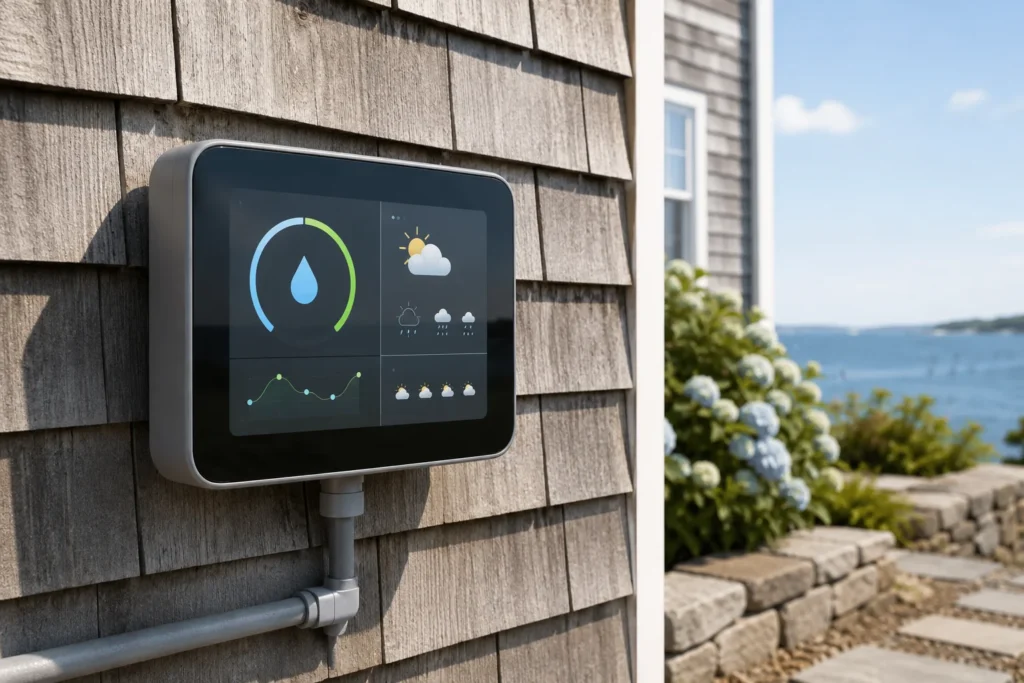 Smart irrigation controller panel with moisture sensor display mounted outdoors on Martha's Vineyard property