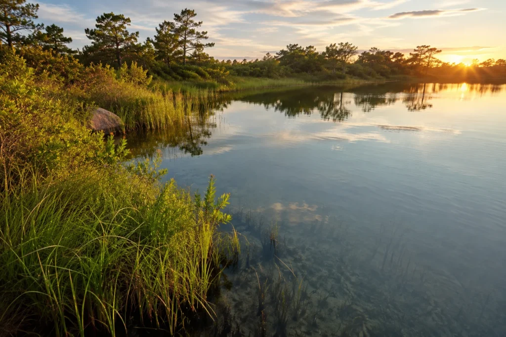 Martha's Vineyard coastal pond surrounded by native grasses and healthy shoreline vegetation
