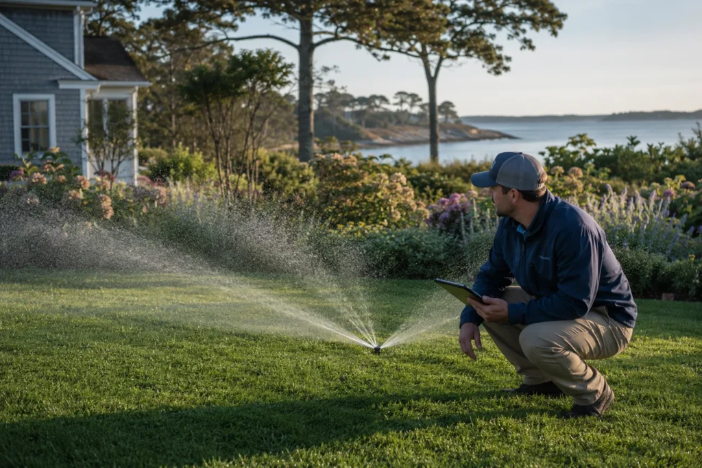 Irrigation specialist checking sprinkler zone coverage in residential garden Martha's Vineyard