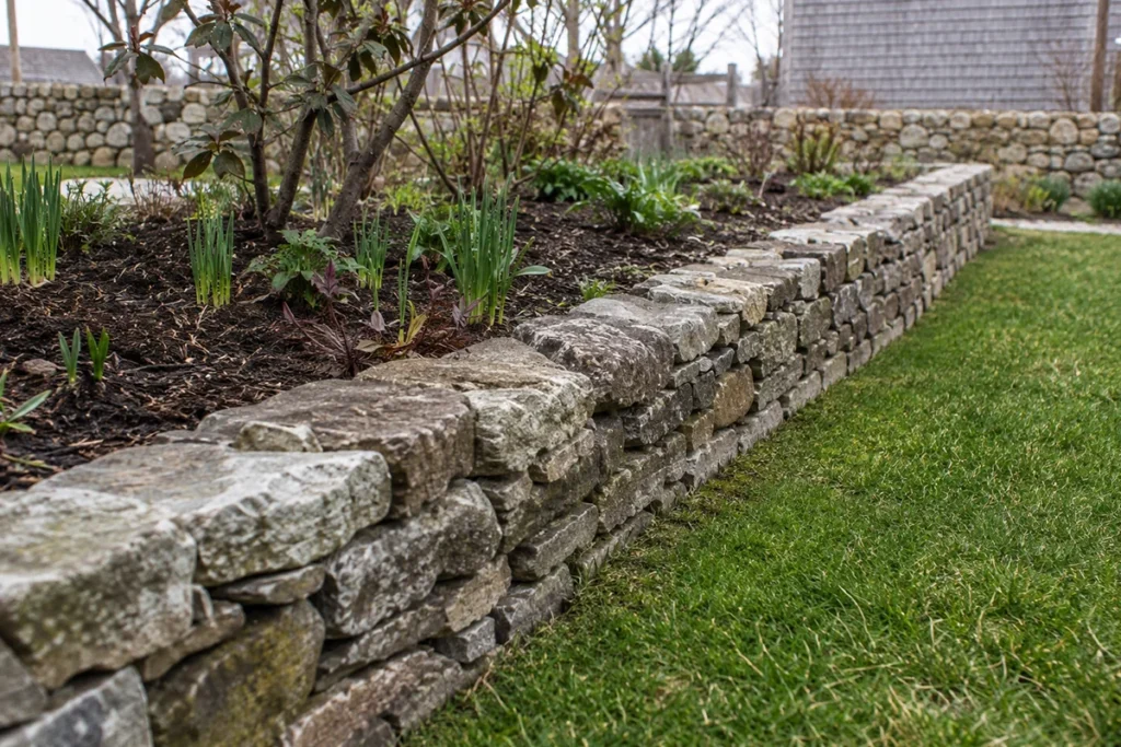 Historic stone garden wall and formal garden bed on Edgartown Martha's Vineyard property in spring