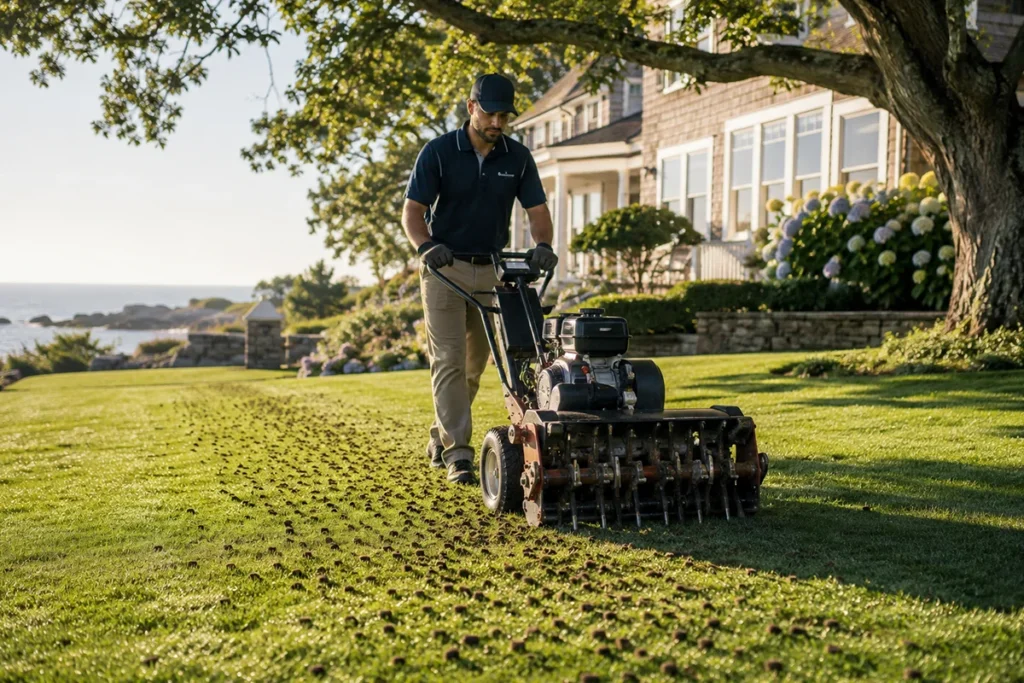 core aeration lawn service under mature oak tree New England property