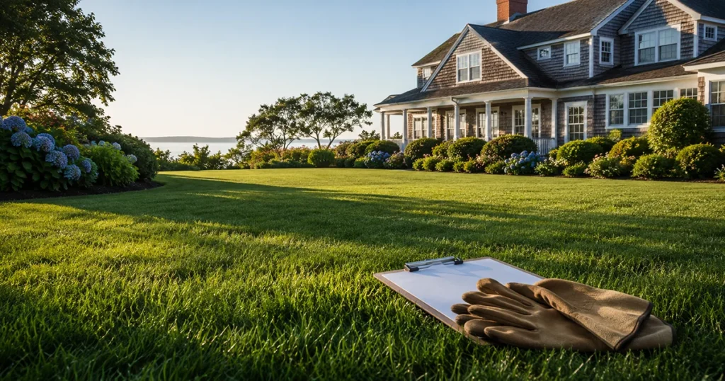 Lawn care cost on Martha's Vineyard estate lawn with calculator concept