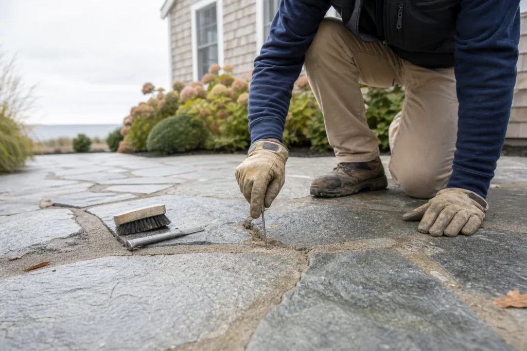 Technician inspecting stone patio for salt and frost damage