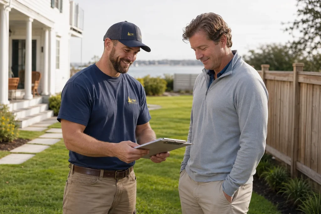 Homeowner reviewing written lawn care quote with technician outdoors