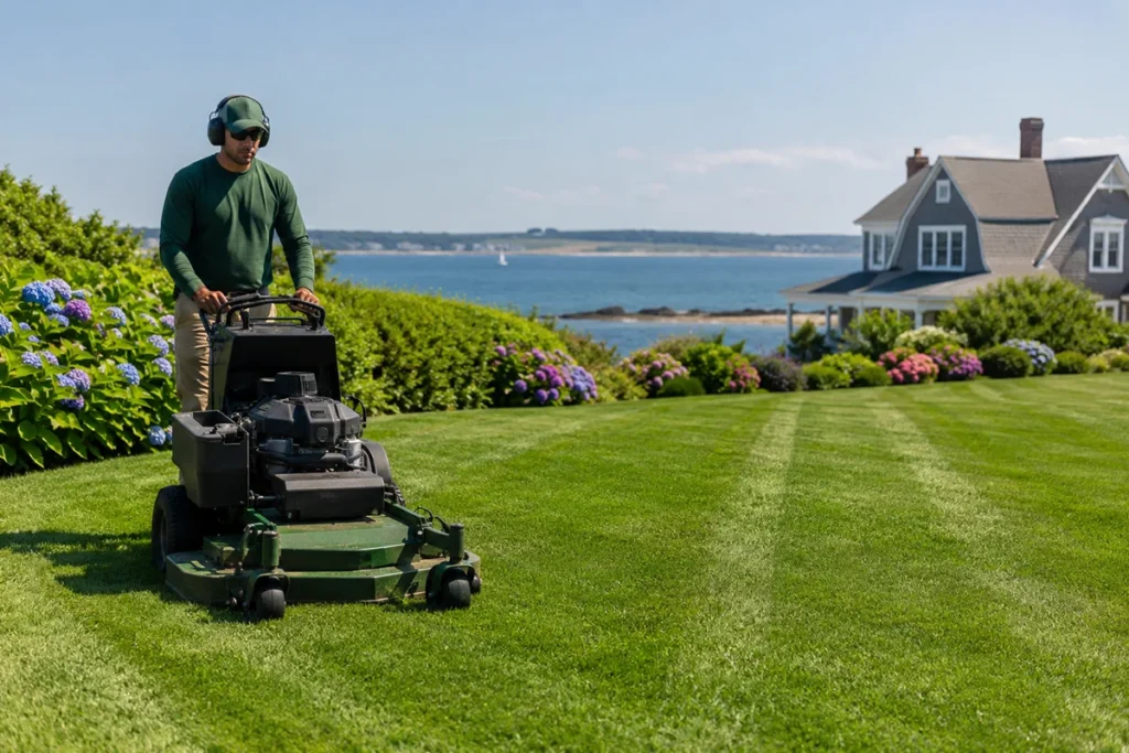 Professional mowing crew working on a Vineyard half-acre lawn